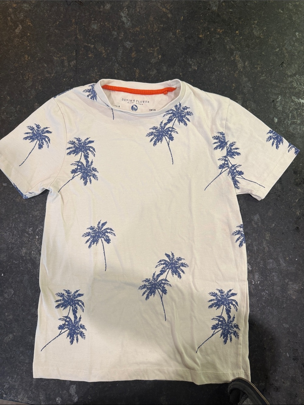 Denim & Flower Cream Tee with Blue Palm Tree Print and Orange Neck Trim
